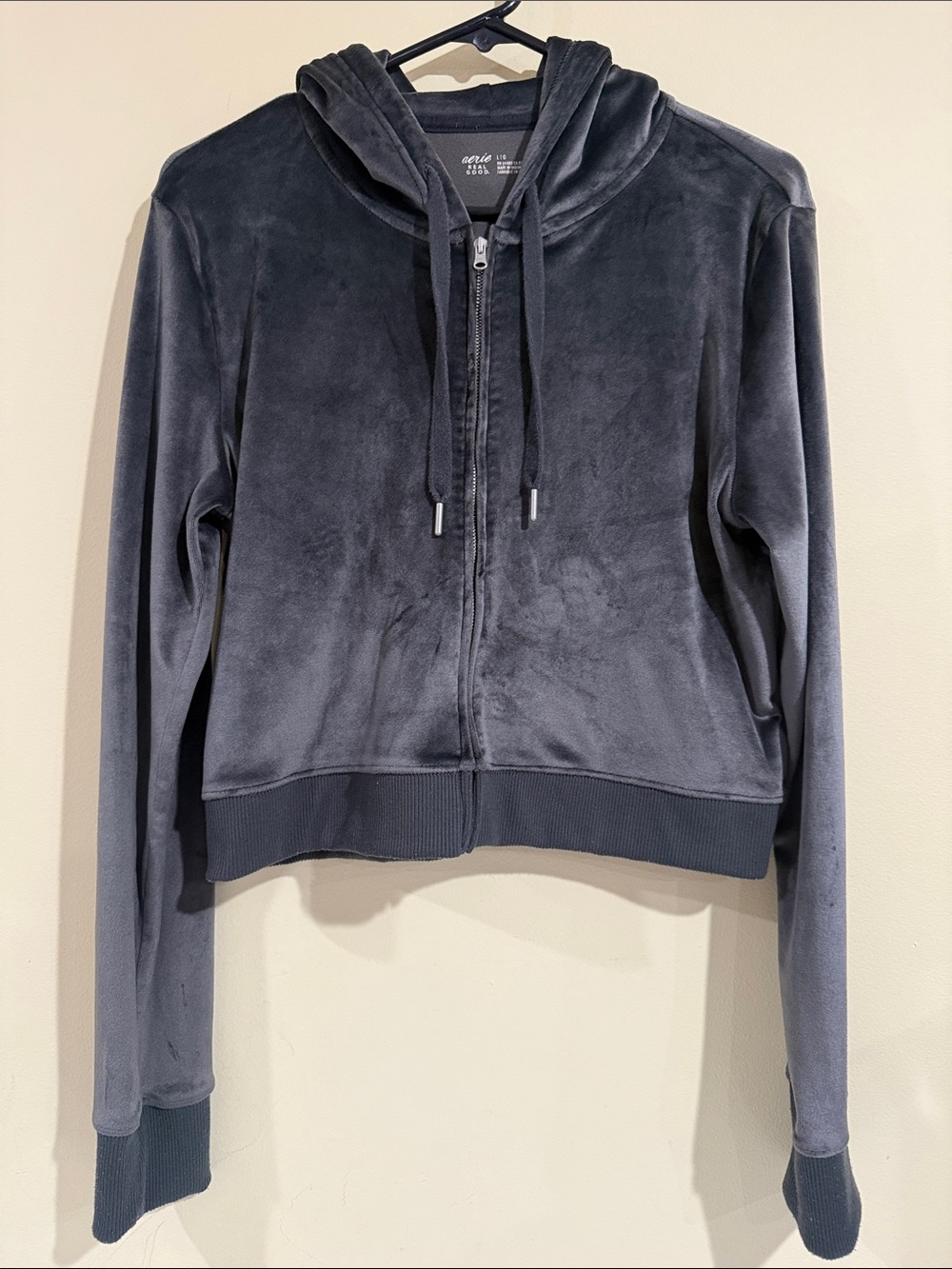 aerie Plush Zip-Up Hoodie Jacket in Charcoal Large Tight Fitting (M-L)